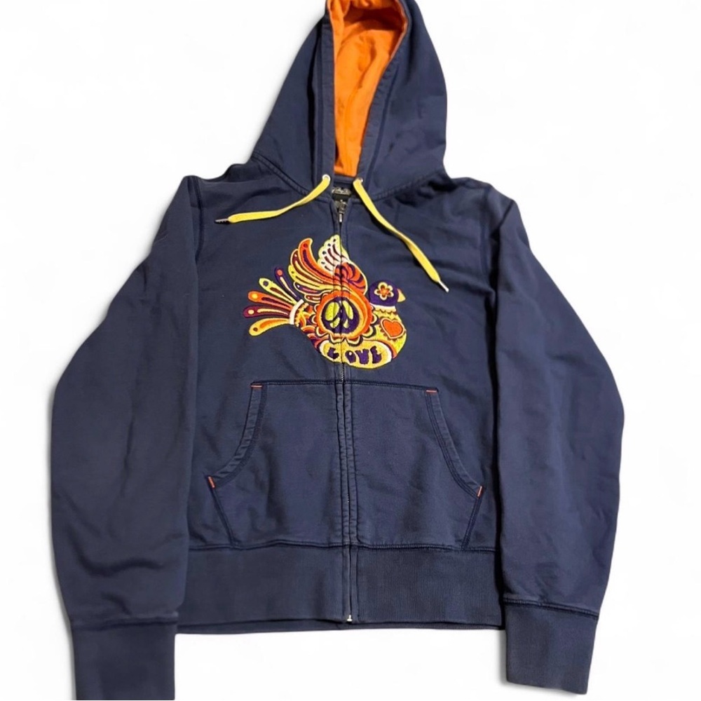 Vtg Y2K Lucky Brand Embroidered Hoodie Women’s M Full Zip Love Peace Bird